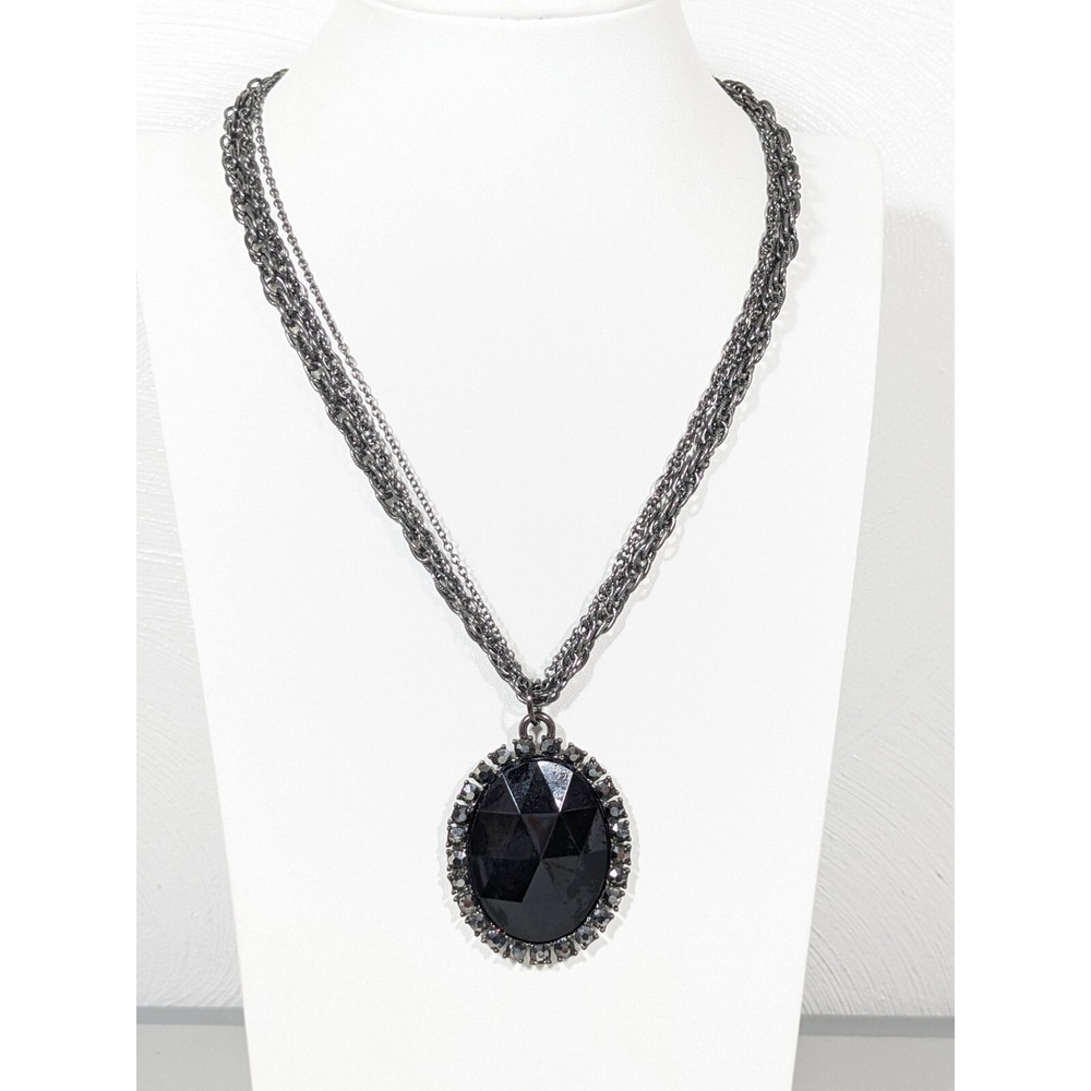Express Gray Metallic Multi Chain Black Oval Pendant‎ Necklace 18"